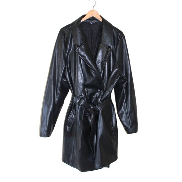 H&M Divided Matrix-Stle Faux Leather Belted Trench Coat in Black (Plus Size) - Picture 2 of 13